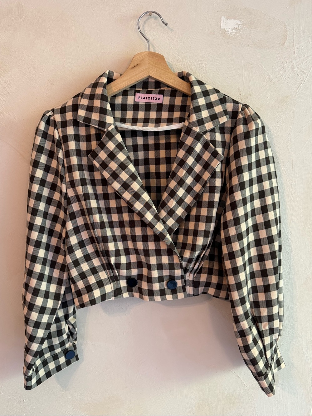 Cropped Gingham Blazer | Brown Black & Cream Plaid | Double-Breasted Jacket